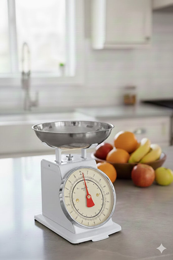 Vintage Tasarım Analog Mutfak Terazisi 5 kg Kapasiteli Pirinç Kaseli Beyaz Kase
