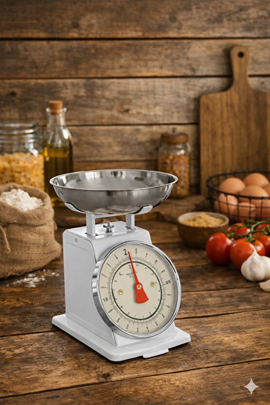 Vintage Tasarım Analog Mutfak Terazisi 5 kg Kapasiteli Pirinç Kaseli Beyaz Kase