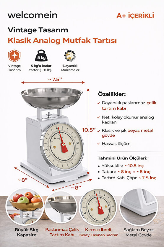 Vintage Tasarım Analog Mutfak Terazisi 5 kg Kapasiteli Pirinç Kaseli Beyaz Kase