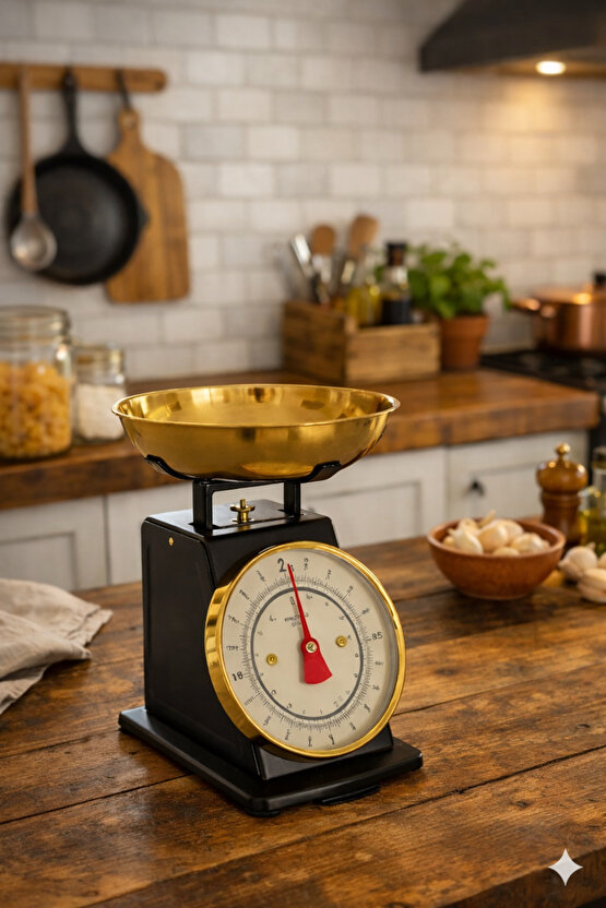 Vintage Tasarım Analog Mutfak Terazisi 5 kg Kapasiteli Pirinç Kaseli Siyah Gold