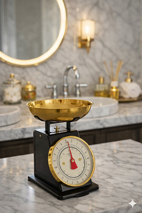 Vintage Tasarım Analog Mutfak Terazisi 5 kg Kapasiteli Pirinç Kaseli Siyah Gold