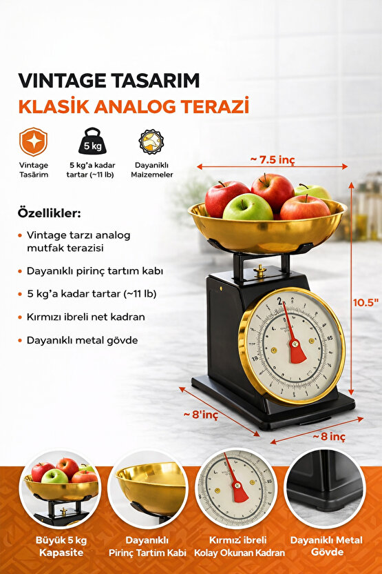 Vintage Tasarım Analog Mutfak Terazisi 5 kg Kapasiteli Pirinç Kaseli Siyah Gold