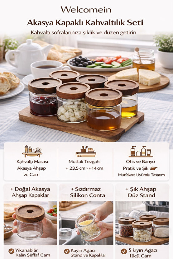 13 Parça Akasya Standlı Akasya Kapaklı 6lı Cam Kahvaltılık Seti Kahvaltı Takımı