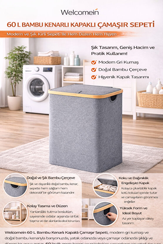 60 L Bambu Kenarlı Kapaklı Çamaşır Sepeti – Gri Kumaş, Modern Kirli Sepeti