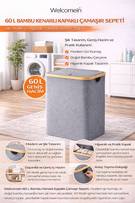 60 L Bambu Kenarlı Kapaklı Çamaşır Sepeti – Gri Kumaş, Modern Kirli Sepeti