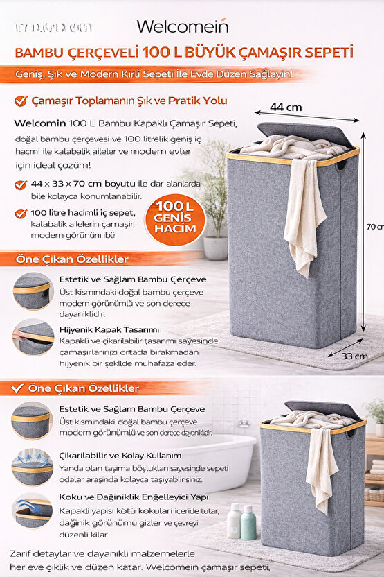 100 L Bambu Kenarlı Kapaklı Çamaşır Sepeti – Gri Kumaş, 44x33x70 cm Büyük Kirli Sepeti