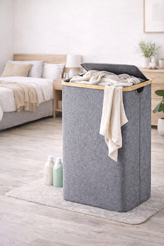 100 L Bambu Kenarlı Kapaklı Çamaşır Sepeti – Gri Kumaş, 44x33x70 cm Büyük Kirli Sepeti