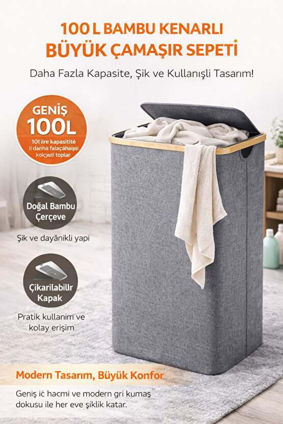 100 L Bambu Kenarlı Kapaklı Çamaşır Sepeti – Gri Kumaş, 44x33x70 cm Büyük Kirli Sepeti