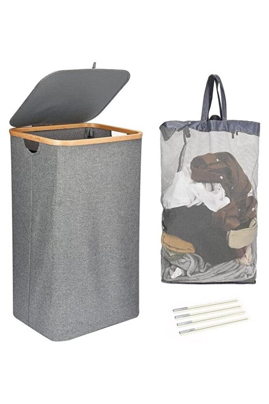Mien Bambu Kenarlı Kumaş Katlanabilir 100 Lt Çamaşır Sepeti 44x33x70