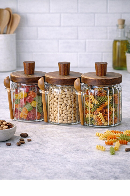 3lü Akasya Kapaklı Kaşıklı Vakumlu Cam Kavanoz Seti-Mutfak Düzenleyici Set (450ml)