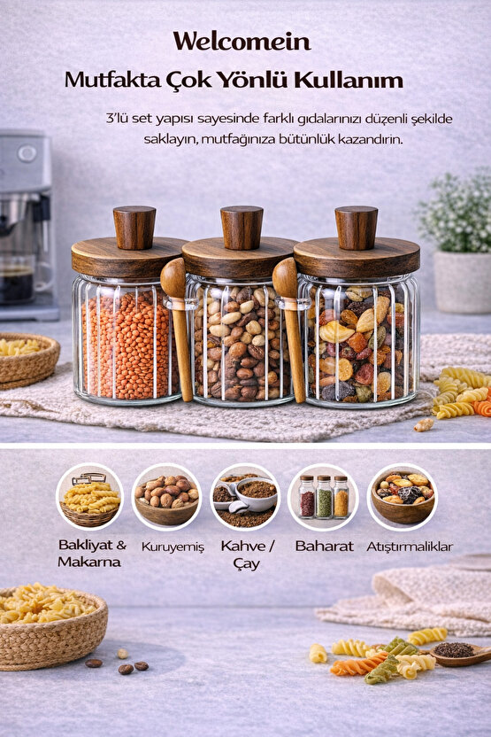 3lü Akasya Kapaklı Kaşıklı Vakumlu Cam Kavanoz Seti-Mutfak Düzenleyici Set (450ml)