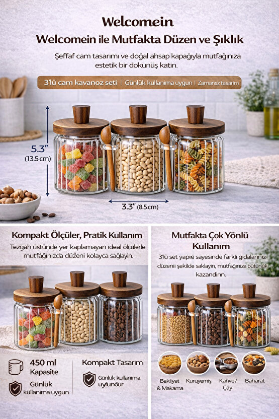 3lü Akasya Kapaklı Kaşıklı Vakumlu Cam Kavanoz Seti-Mutfak Düzenleyici Set (450ml)
