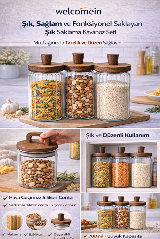 Cam Saklama Kavanozu Seti 3’lü – Akasya Kapaklı, Hava Geçirmez, 700 ml Erzak Saklama