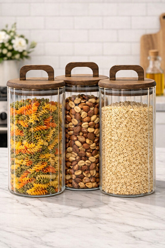 Cam Saklama Kavanozu Seti 3’lü – Akasya Kapaklı, Hava Geçirmez, 1250 ml Büyük Boy
