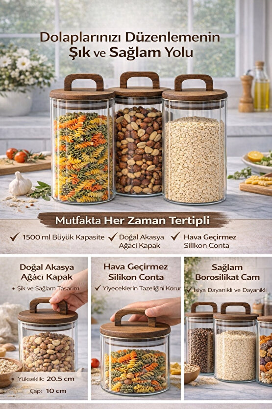 Cam Saklama Kavanozu Seti 3’lü – Akasya Kapaklı, Hava Geçirmez, 1250 ml Büyük Boy