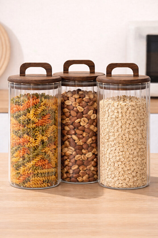 Cam Saklama Kavanozu Seti 3’lü – Akasya Kapaklı, Hava Geçirmez, 1250 ml Büyük Boy