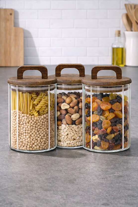 3’lü Cam Kavanoz Seti 950 ml – Ahşap Kapaklı, Hava Geçirmez, Gıda Saklama Kavanozu
