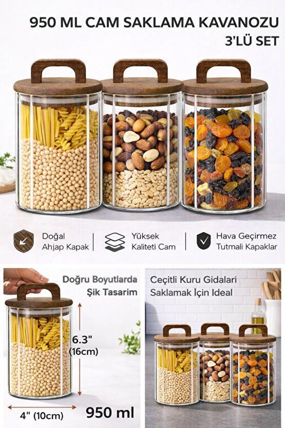 3’lü Cam Kavanoz Seti 950 ml – Ahşap Kapaklı, Hava Geçirmez, Gıda Saklama Kavanozu
