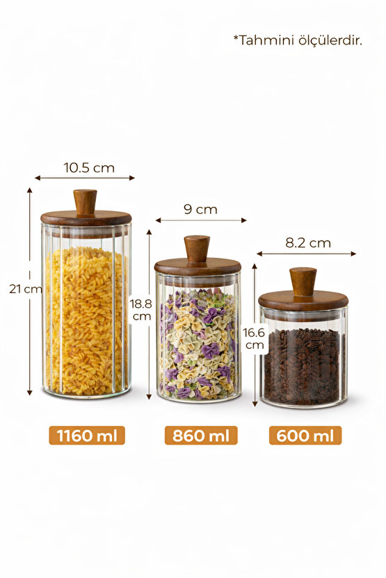 Ahşap Kapaklı 3’lü Cam Kavanoz Seti 1160 ml + 860 ml + 600 ml | Mutfak Saklama Kavanozu