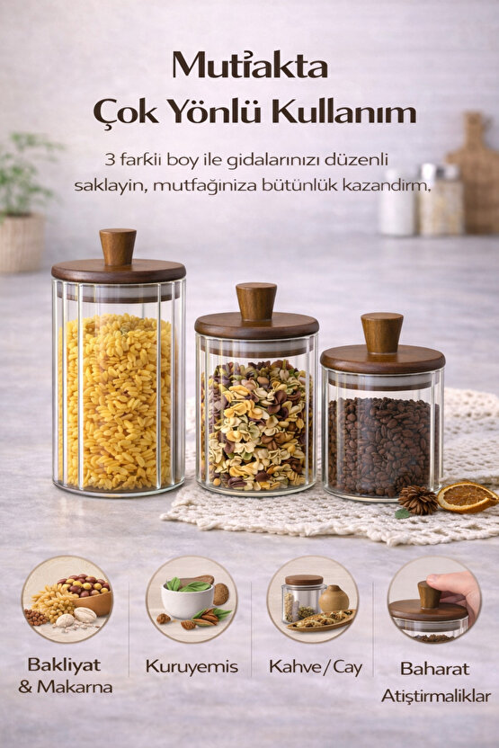 Ahşap Kapaklı 3’lü Cam Kavanoz Seti 1160 ml + 860 ml + 600 ml | Mutfak Saklama Kavanozu