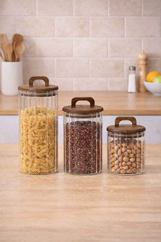 Ahşap Kulplu Kapaklı 3’lü Cam Kavanoz Seti | 1250 ml + 950 ml + 650 ml | Gıda Saklama Kavanozu