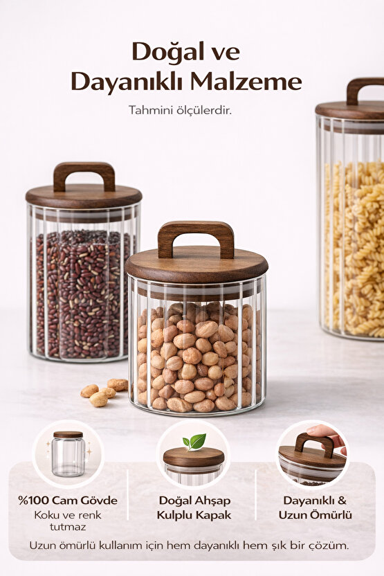 Ahşap Kulplu Kapaklı 3’lü Cam Kavanoz Seti | 1250 ml + 950 ml + 650 ml | Gıda Saklama Kavanozu