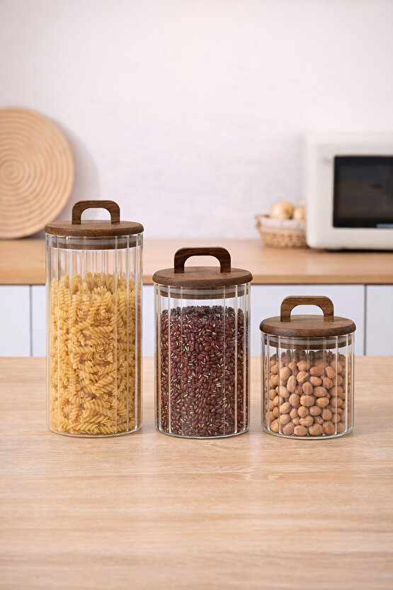 Ahşap Kulplu Kapaklı 3’lü Cam Kavanoz Seti | 1250 ml + 950 ml + 650 ml | Gıda Saklama Kavanozu