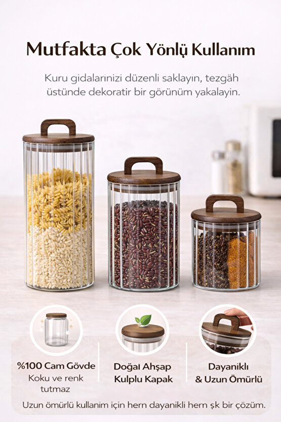 Ahşap Kulplu Kapaklı 3’lü Cam Kavanoz Seti | 1250 ml + 950 ml + 650 ml | Gıda Saklama Kavanozu