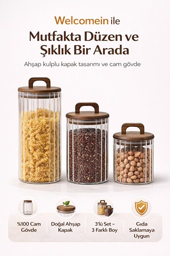 Ahşap Kulplu Kapaklı 3’lü Cam Kavanoz Seti | 1250 ml + 950 ml + 650 ml | Gıda Saklama Kavanozu