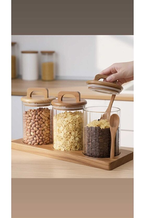 3’lü Akasya Standlı Cam Kavanoz Seti–Kaşıklı, Akasya Kapaklı Kahve&Kuruyemiş Saklama Kabı