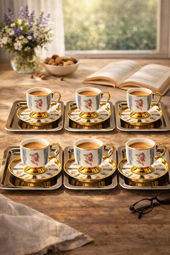 Tepsili 6’lı Kahve Fincan Seti – Gold Detaylı Porselen Fincan Takımı (Fincan+Tabak+Tepsi)