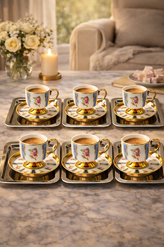 Tepsili 6’lı Kahve Fincan Seti – Gold Detaylı Porselen Fincan Takımı (Fincan+Tabak+Tepsi)