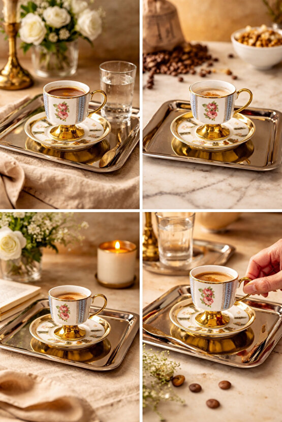 Tepsili 6’lı Kahve Fincan Seti – Gold Detaylı Porselen Fincan Takımı (Fincan+Tabak+Tepsi)