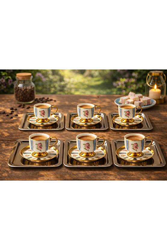 Tepsili 6’lı Kahve Fincan Seti – Gold Detaylı Porselen Fincan Takımı (Fincan+Tabak+Tepsi)
