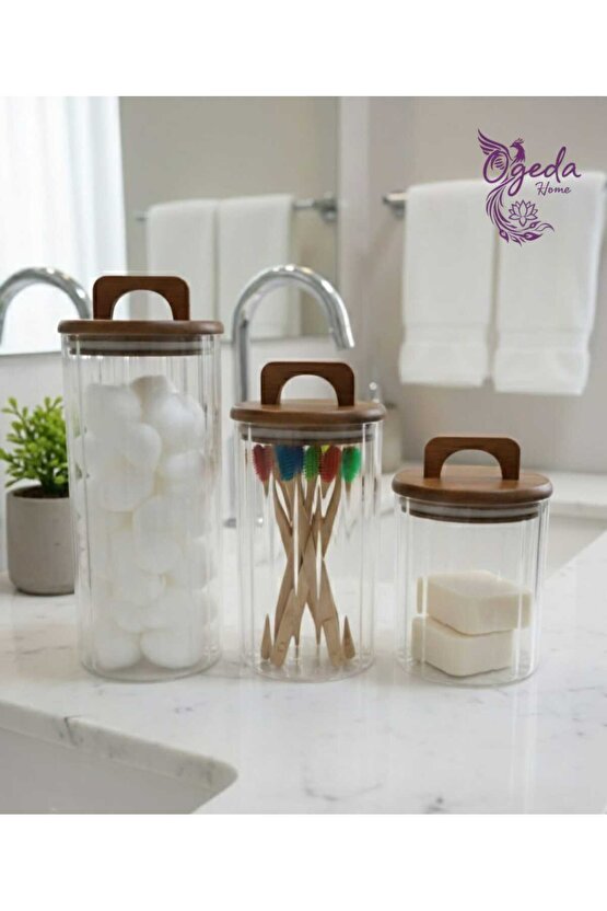 3’lü Akasya Kapaklı Cam Kavanoz Seti – Vakumlu  Erzak, Bakliyat & Kahve Saklama