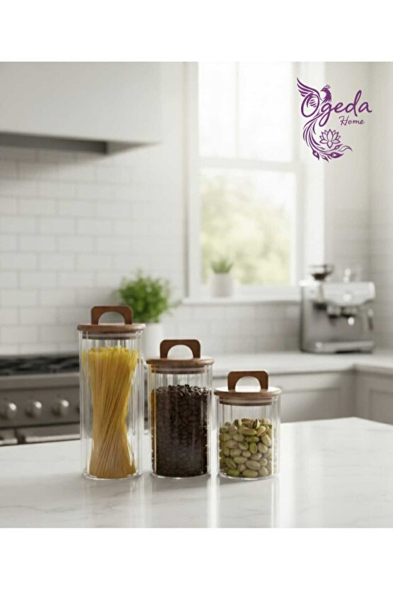 3’lü Akasya Kapaklı Cam Kavanoz Seti – Vakumlu  Erzak, Bakliyat & Kahve Saklama