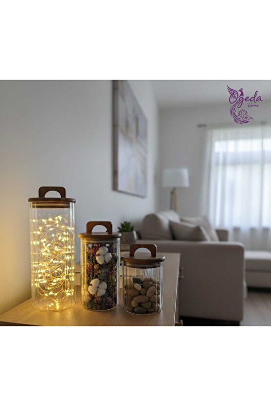 3’lü Akasya Kapaklı Cam Kavanoz Seti – Vakumlu  Erzak, Bakliyat & Kahve Saklama