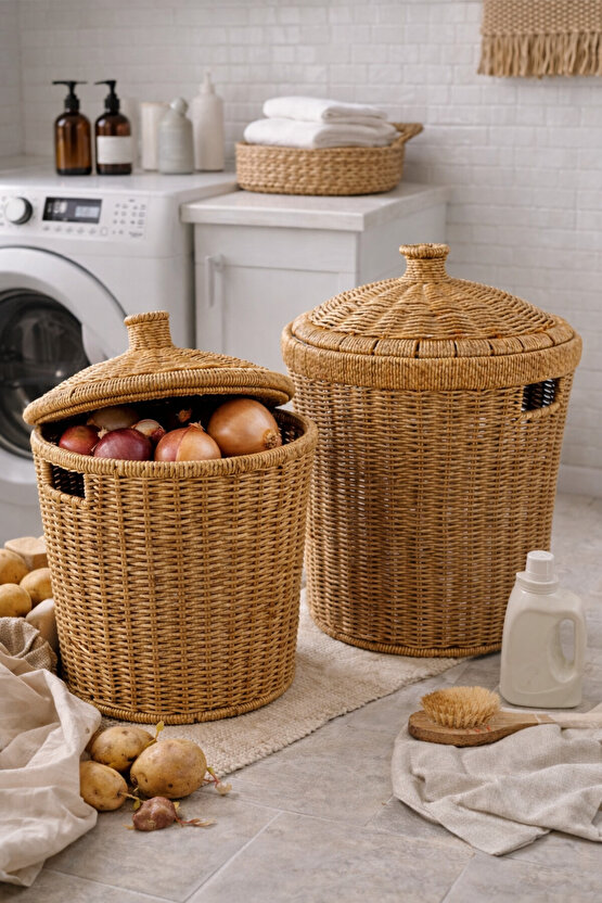 2’li Rattan Patates Soğan Saklama Sepeti Seti Kapaklı – Büyük 27×28×27  Küçük 23×24×24 cm
