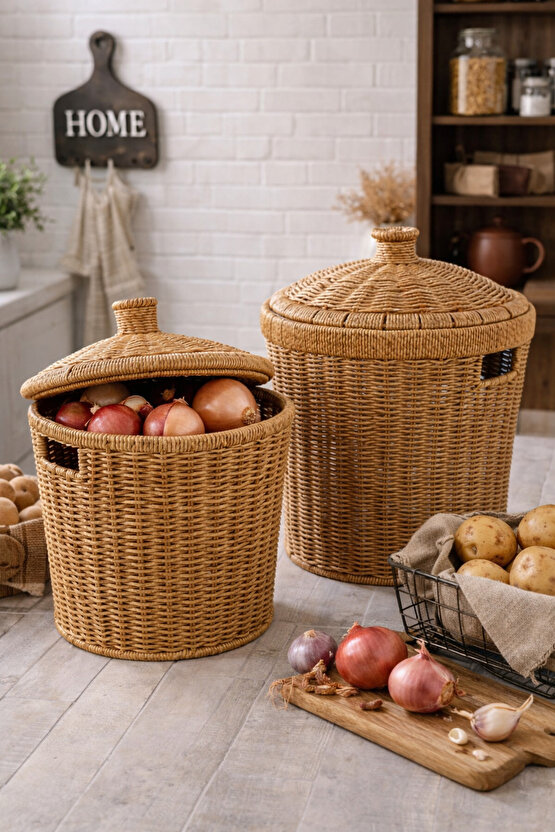 2’li Rattan Patates Soğan Saklama Sepeti Seti Kapaklı – Büyük 27×28×27  Küçük 23×24×24 cm