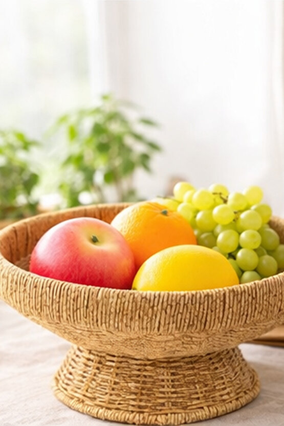 Ayaklı Rattan Meyvelik – Hasır Dekoratif Servis Kasesi, Doğal Görünüm