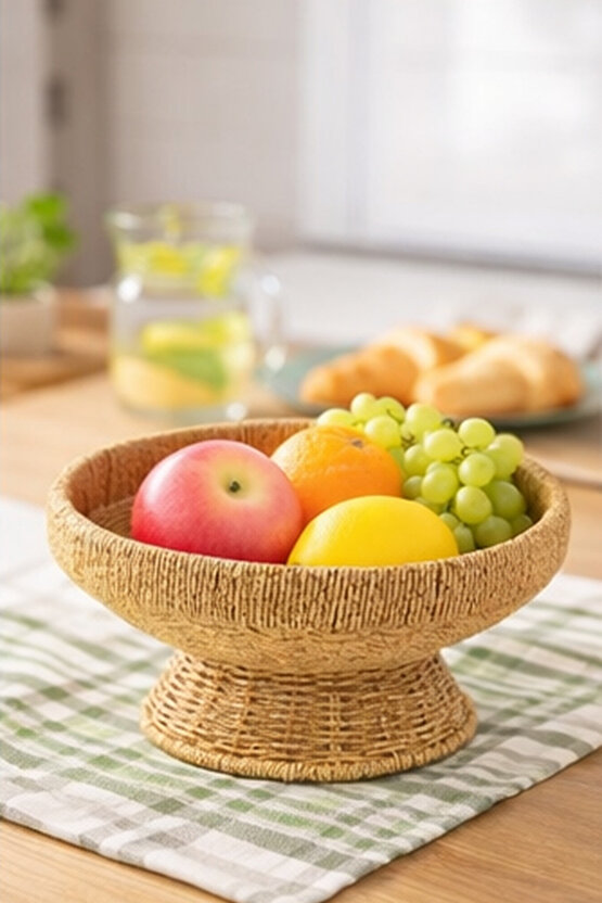 Ayaklı Rattan Meyvelik – Hasır Dekoratif Servis Kasesi, Doğal Görünüm