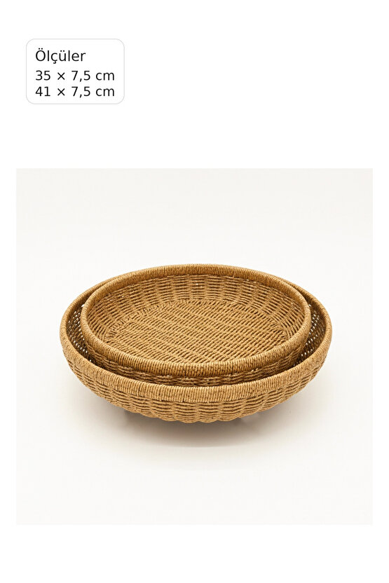 2’li Yuvarlak Hasır Servis Tepsisi Seti Rattan Örgü – İç İçe Geçen Dekoratif Sunum Tepsileri