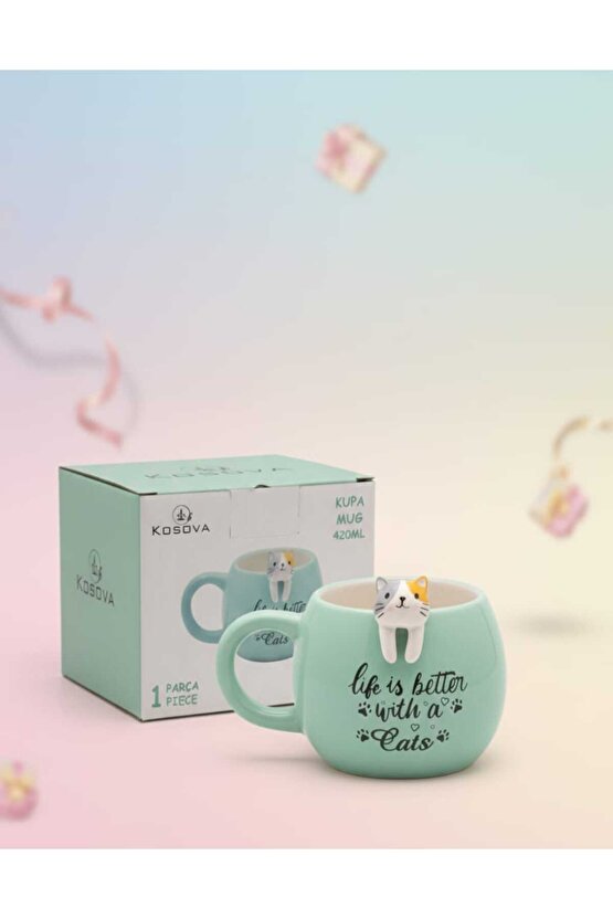 Kedi Figürlü Mug Kupa 420 ml – Yazılı Seramik Kupa – Sevimli Cat Mug – Hediye Kupa Bardak