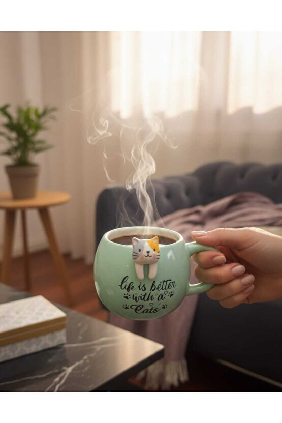 Kedi Figürlü Mug Kupa 420 ml – Yazılı Seramik Kupa – Sevimli Cat Mug – Hediye Kupa Bardak