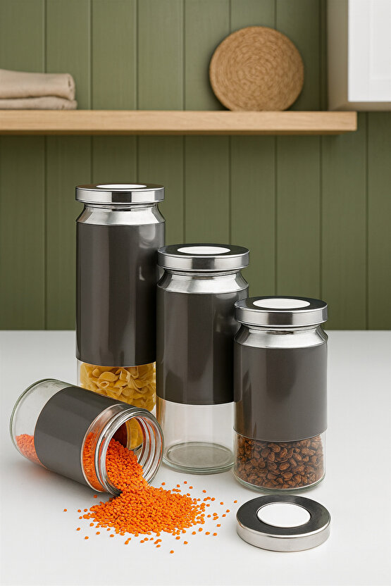 4’lü Cam Saklama Kavanozu Seti – Paslanmaz Çelik Kapaklı, Gri Tasarımlı Hava Geçirmez Erzak Kavanozu