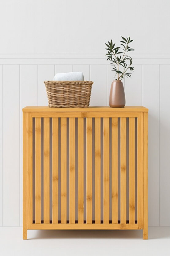 Bambu 100 Lt. Çamaşır Dolabı 51x61x33 cm Kirli Çamaşır Sepeti Doğal Banyo ve Çamaşır Düzenleyici
