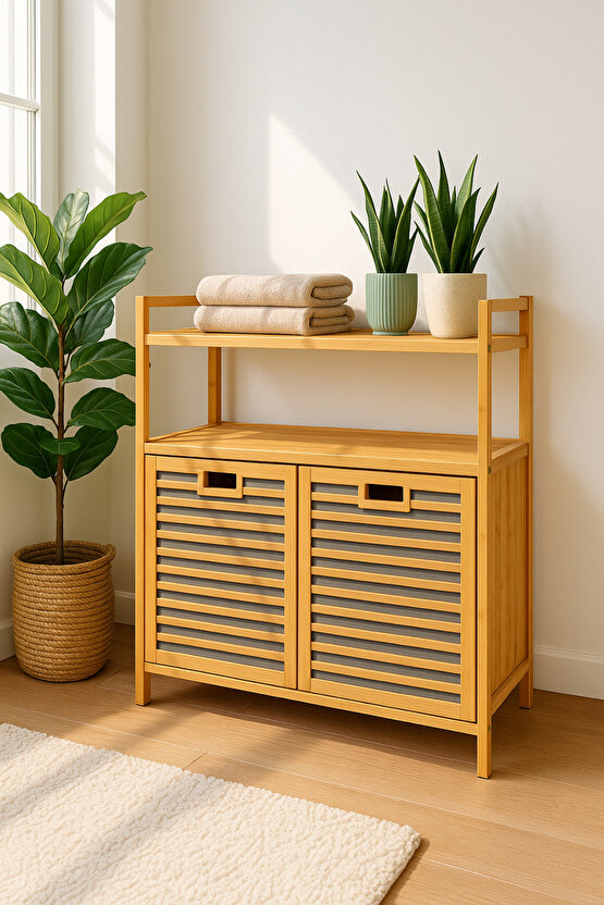 Bambu 2 Kapaklı 240 Lt Çamaşır Sepeti Banyo Düzenleyici 90x82,5x33 cm Açık Raflı Çok Amaçlı Dolap