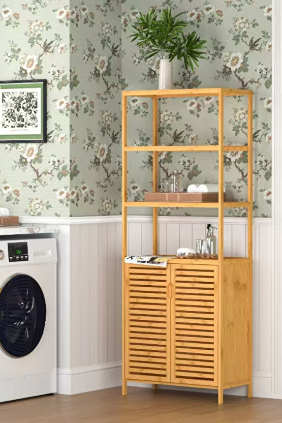Bambu 3 Raflı Banyo Dolabı & Çok Amaçlı Düzenleyici – 170x66x30 cm, Havalandırmalı Kapaklı Alt Dolap