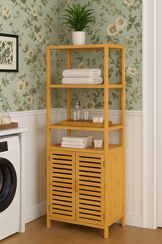 Bambu 3 Raflı Banyo Dolabı & Çok Amaçlı Düzenleyici – 170x66x30 cm, Havalandırmalı Kapaklı Alt Dolap