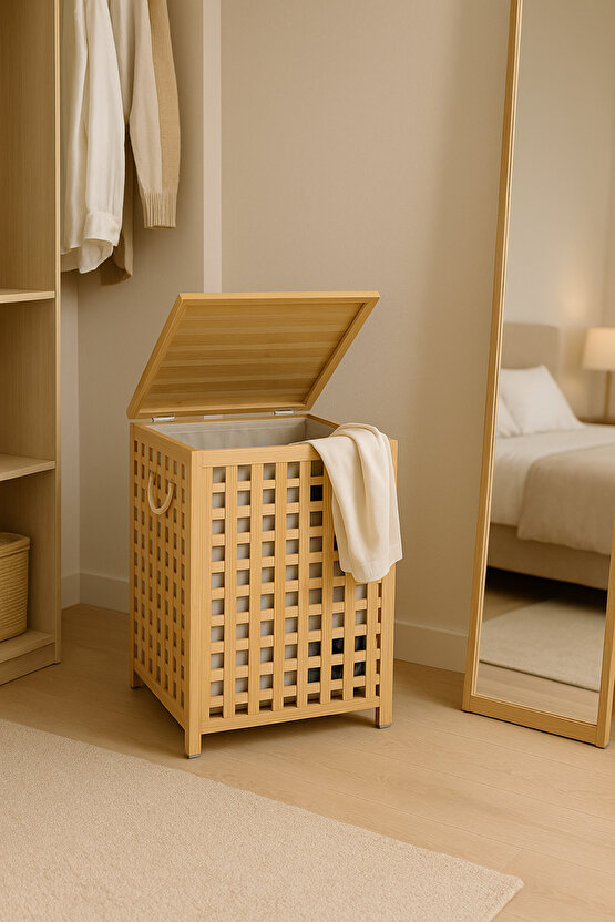 Bambu Kapaklı 80 Lt Çamaşır Sepeti – Çıkarılabilir İç Torbalı, Büyük Hacim, Şık Banyo Düzenleyici